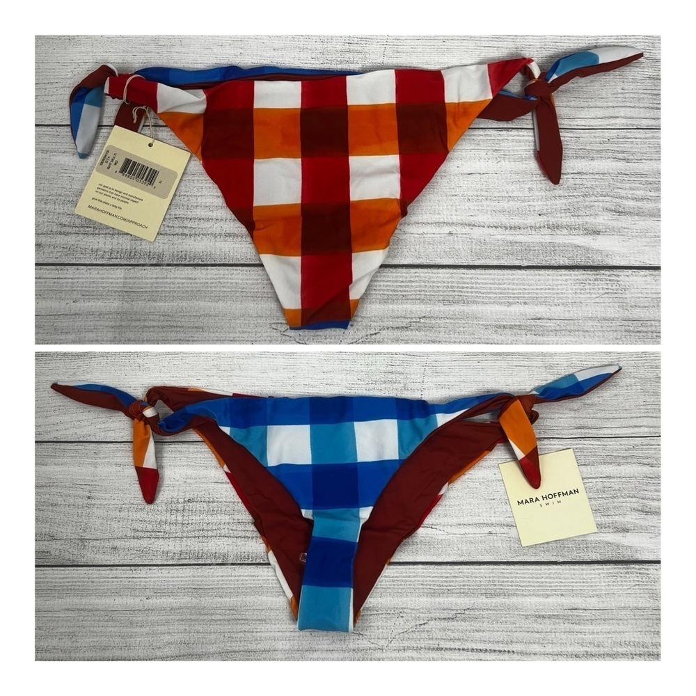 NEW Mara Hoffman Sita Side Tie Bikini Bottoms‎ In White Multi Check UPF50+ Sz XL